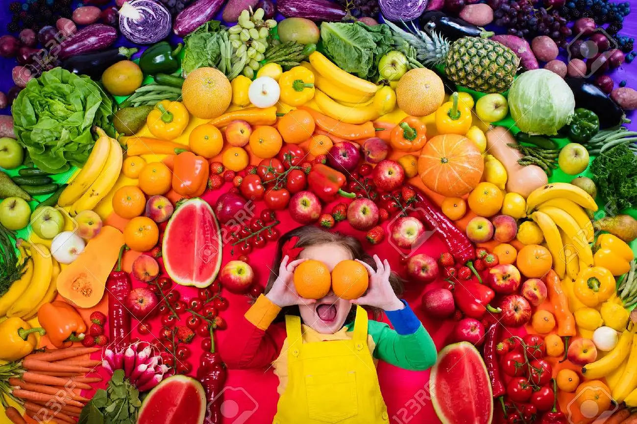 Variety of colorful raw fruits and vegetables