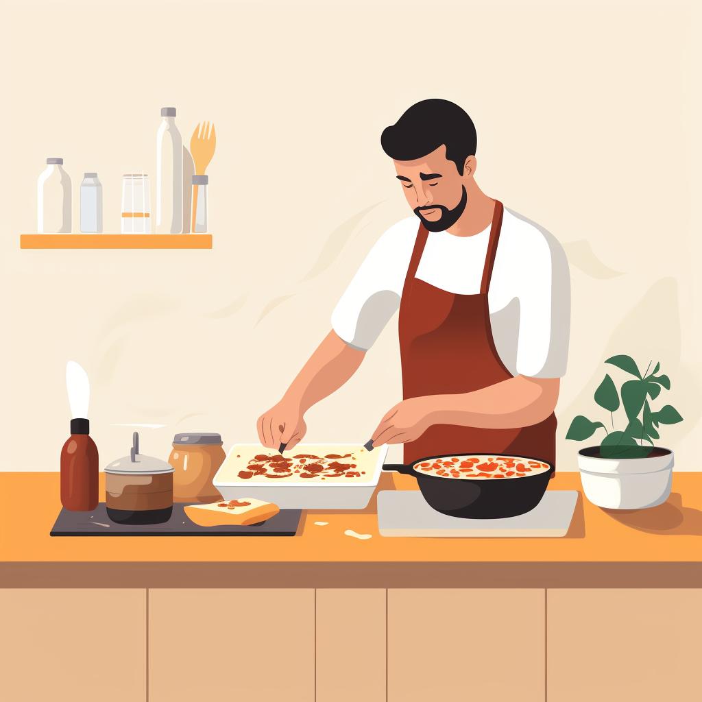 Person preparing moussaka in a kitchen