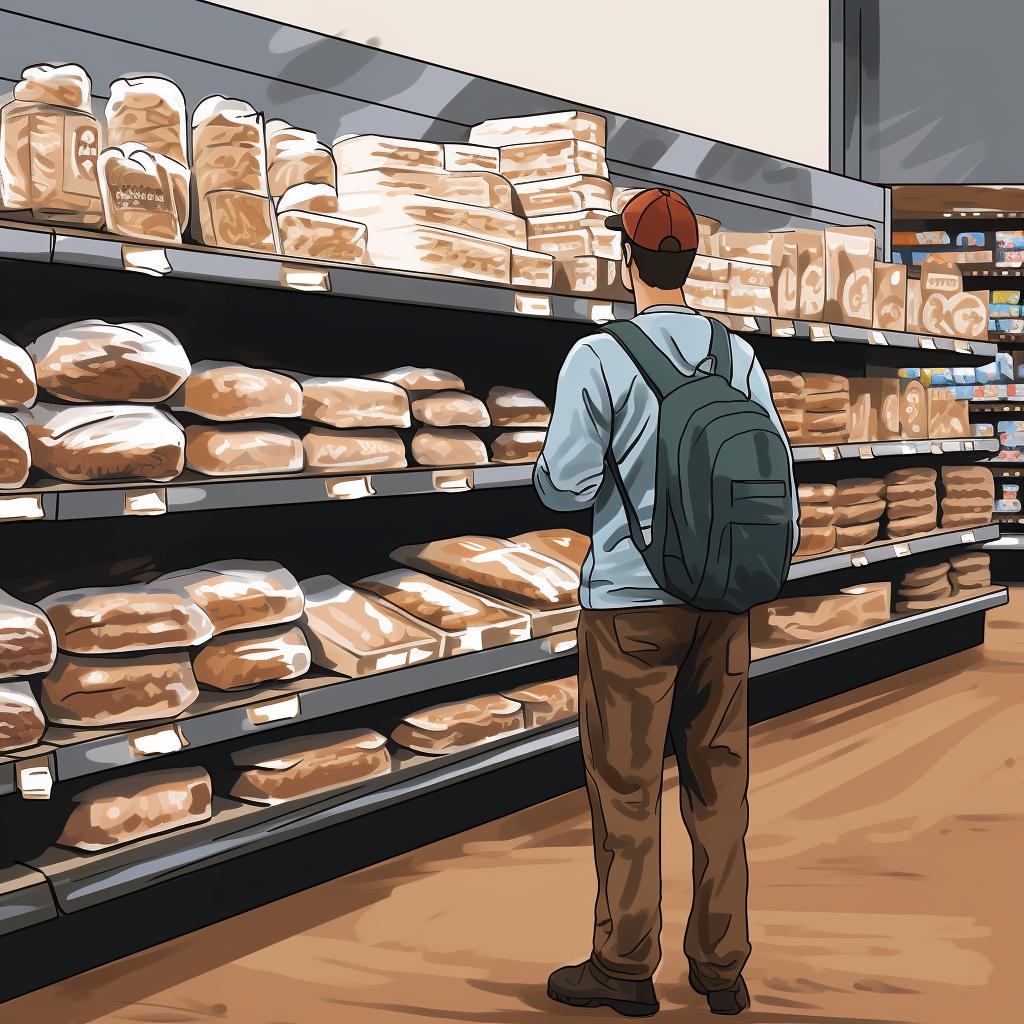 A shopper looking at whole grain bread in the whole foods section of Costco.