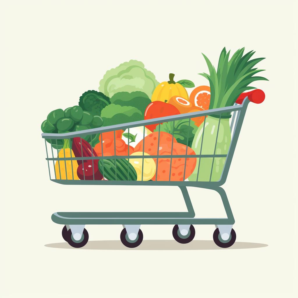 A shopping cart filled with fresh fruits and vegetables in the produce section of Costco.