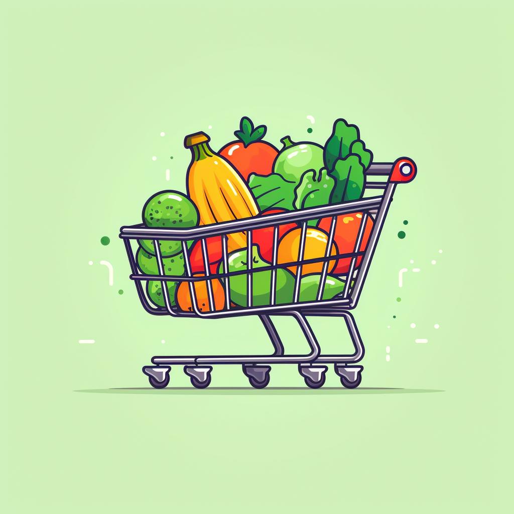 A shopping cart filled with fresh fruits and vegetables.